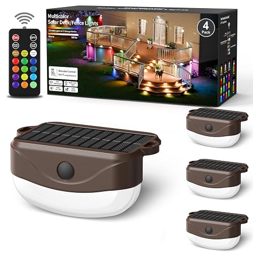 Pouwdl Solar Fence Lights with Remote, 15 Multi Colors Solar Powered Outdoor Step Lighting, IP67 Waterproof Led RGB Colors Lamp for Outside