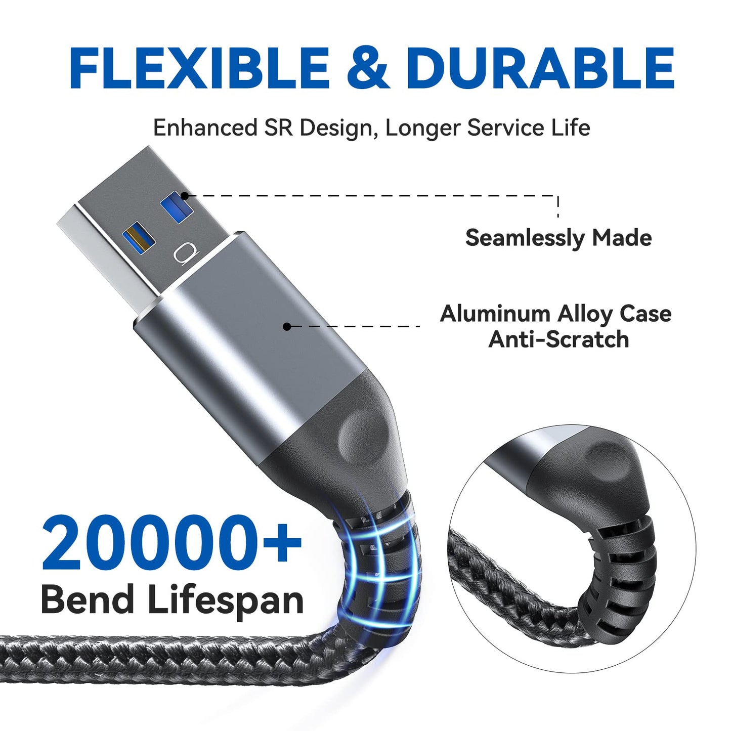 ZIYUETEK 20 ft USB 3.0 Extension Cable with USB C Adapter, Nylon Braided, for Webcam, Camera, Phone, Mouse, Keyboard, Printer and More