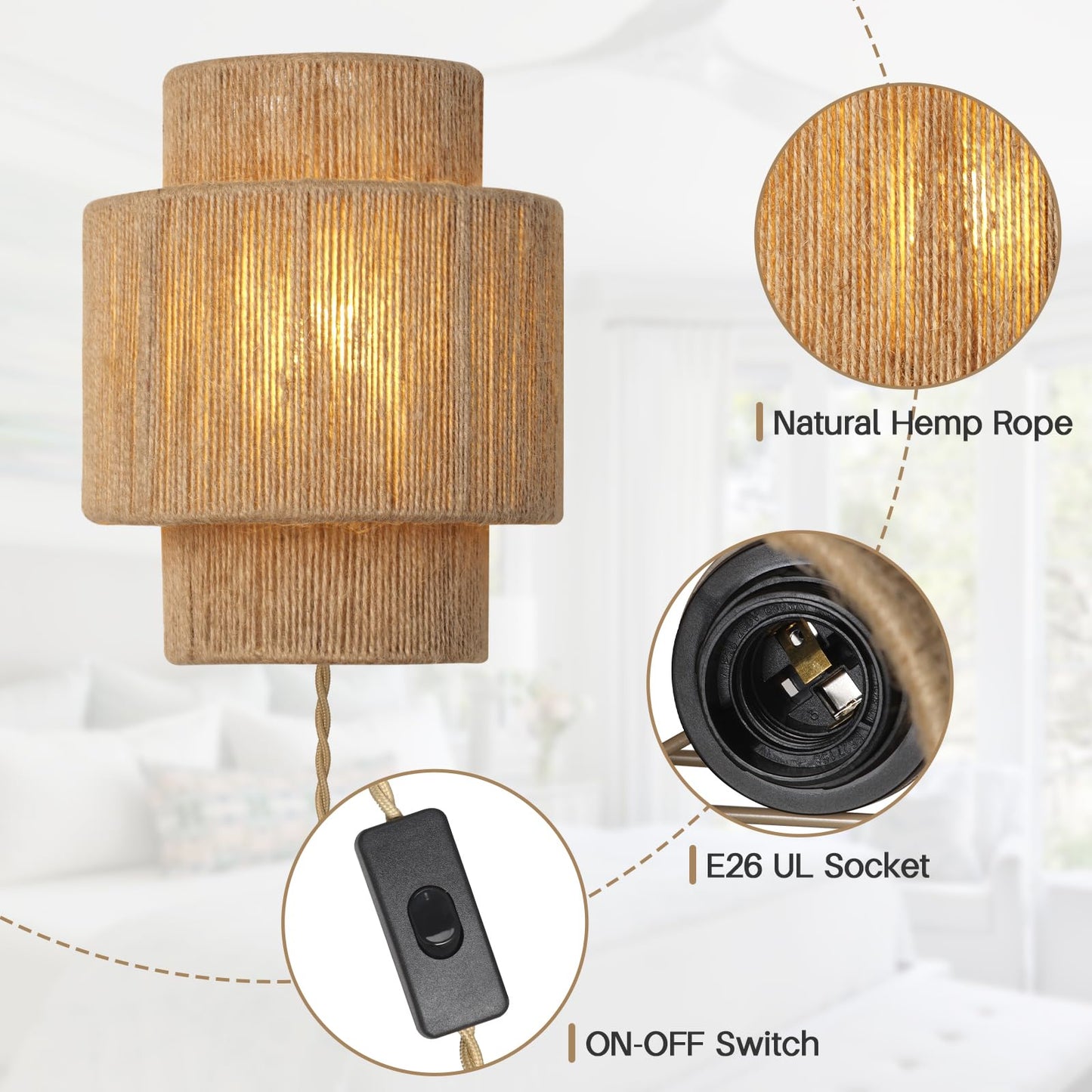 Rattan Wall Lamp with Plug in Cord,Boho Wall Light Fixture with Switch,Plug-in Wall Sconces with Hand Woven Hemp Rope Shade, Rustic Home Decor Light