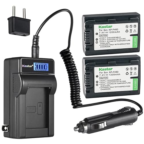 Kastar 2-Pack NP-FH50 Battery and LCD AC Charger Compatible with Sony DCR-SR47 DCR-SR48 DCR-SR50 DCR-SR52 DCR-SR55 DCR-SR57 DCR-S60 DCR-SR62 DCR-SR65