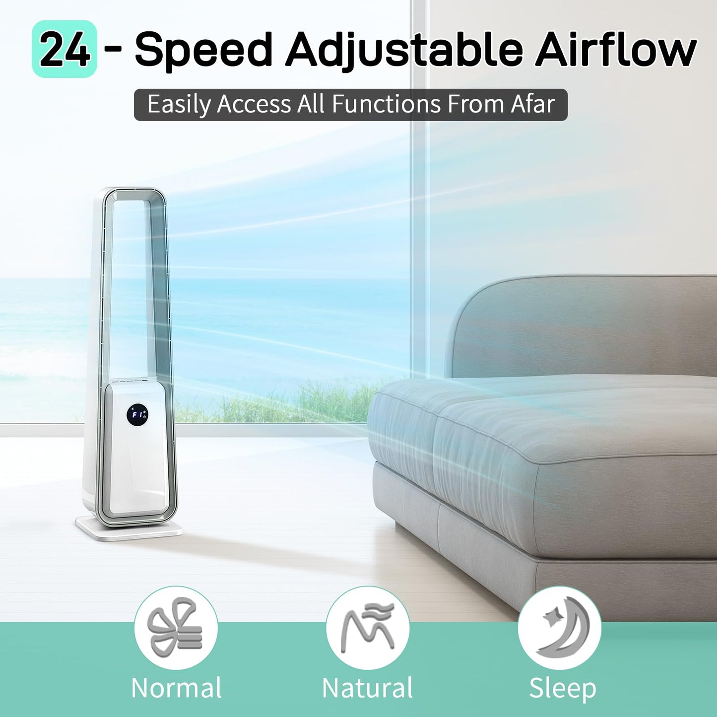 WZONICE98 35 Inch Bladeless Fan 110V 36W Tower Fan with LED Display Remote Control 3 Speeds and 3 Modes 12H Timer Oscillating Air Purification