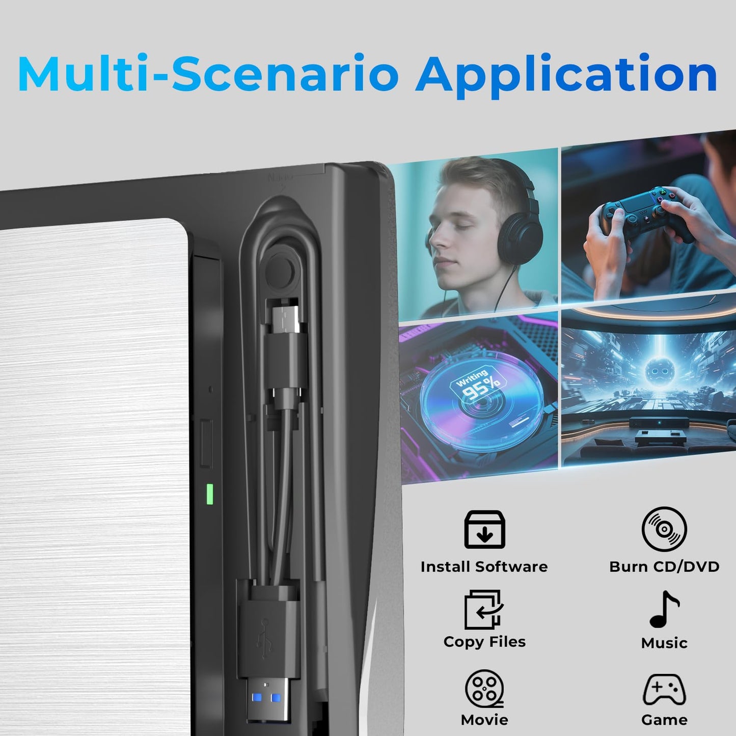 External CD/DVD Drive, USB 3.0 & Type-C CD/DVD Disc Reader Writer, CD ROM +/-RW External CD Player, Portable CD Burner for Laptop Desktop PC Mac