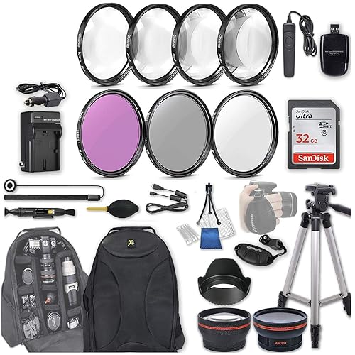 58mm 28 Pc Accessory Kit for Canon EOS Rebel SL2, 200D DSLR with 0.43x Wide Angle Lens, 2.2X Telephoto Lens, 32GB SD, Filter & Macro Kits, Backpack