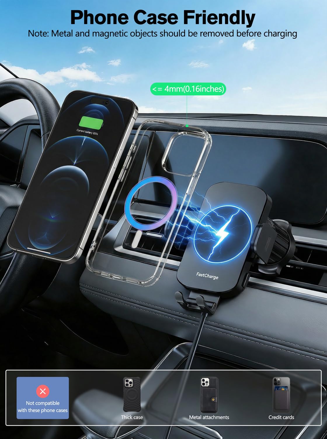 Wireless Car Charger, 15W Fast Charging Auto-Clamping Phone Holder Phone Mount?Windshield+Vent+Dash? Car Accessories for Women Men fit for iPhone 17