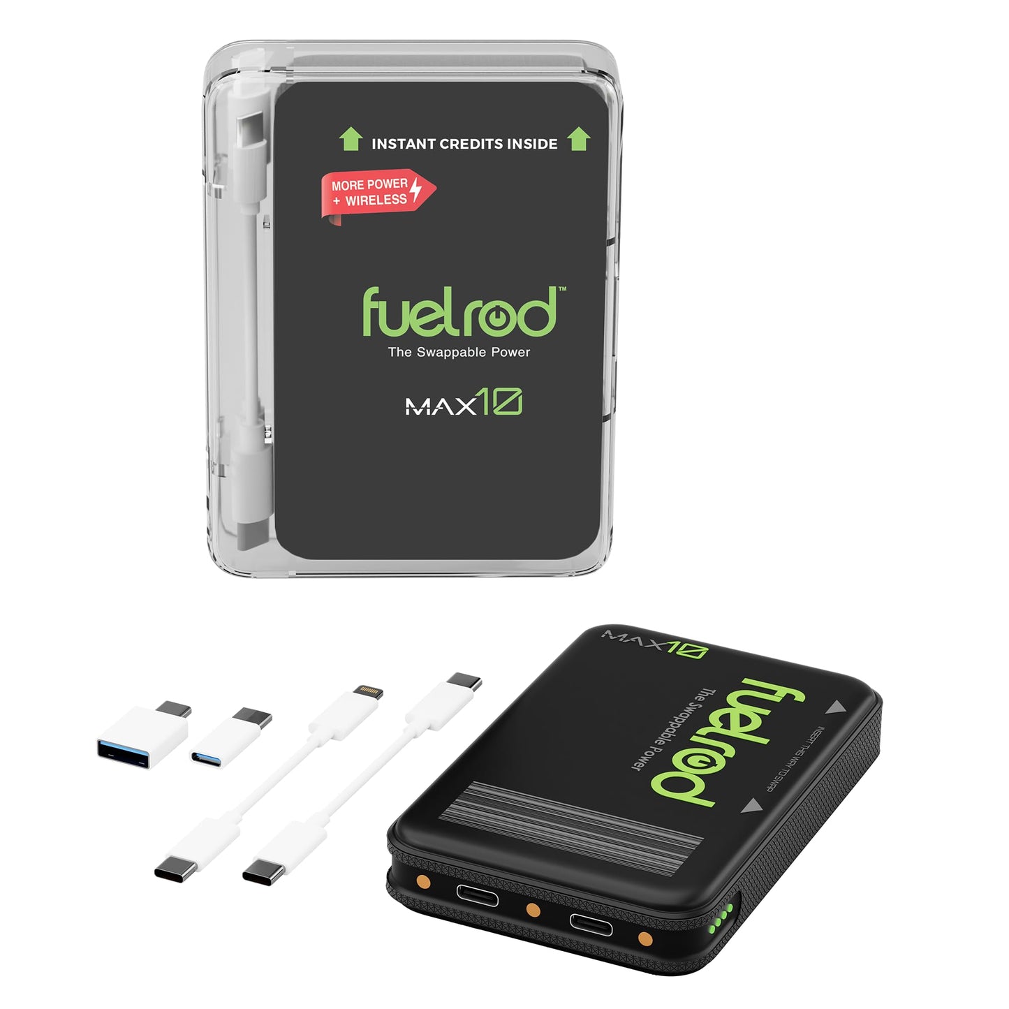 FuelRod MAX10 - High Capacity Portable Charger, Swappable Power, Wireless Charging, USB-C, 10,000mAh
