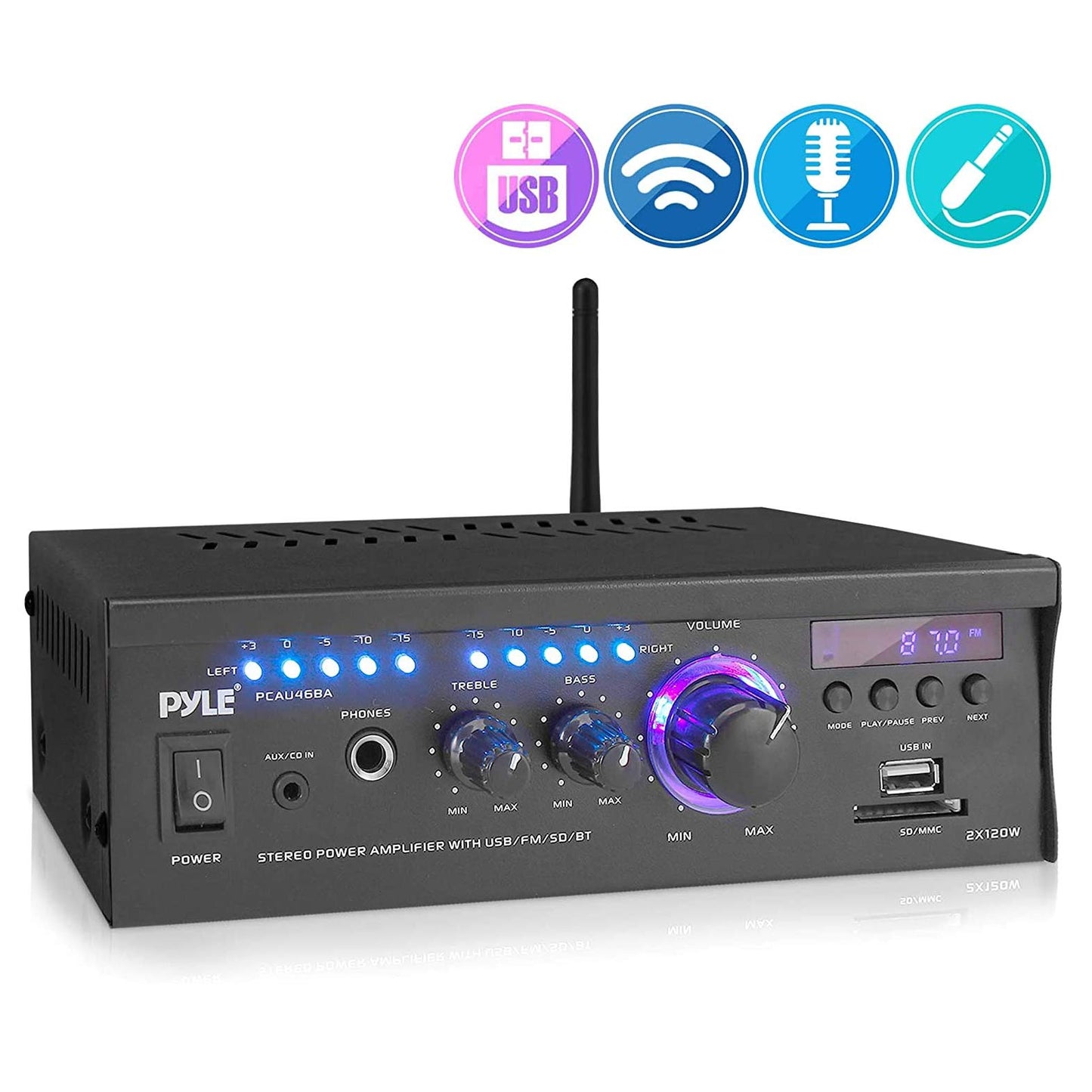 Pyle Home Power Amplifier with Bluetooth Wireless - 2 x 120 Watt Stereo Receiver w/ Blue LED Level Meter, FM Radio, USB-A Input w/ MP3 Player, SD Card
