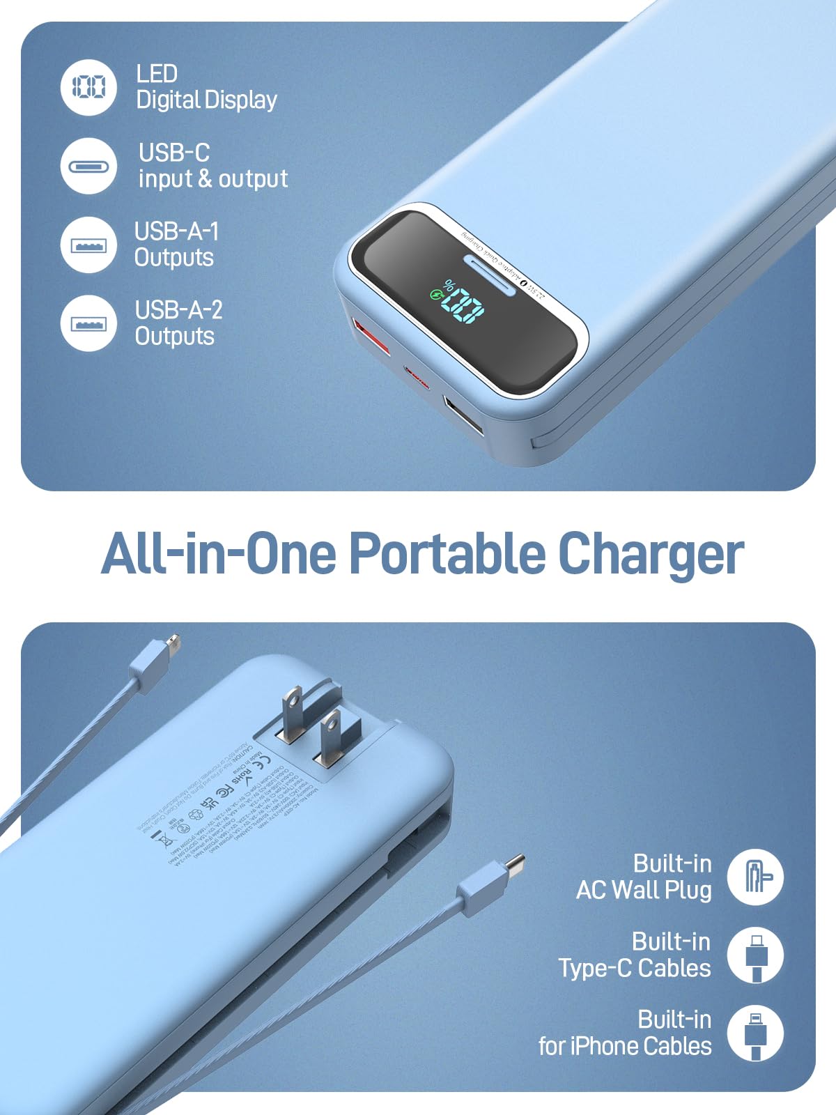 Portable Charger, 20000mAh 22.5W Fast Charging Power Bank with Built-in Cables & Wall Plug, Travel Essential External Battery Pack with LED Display