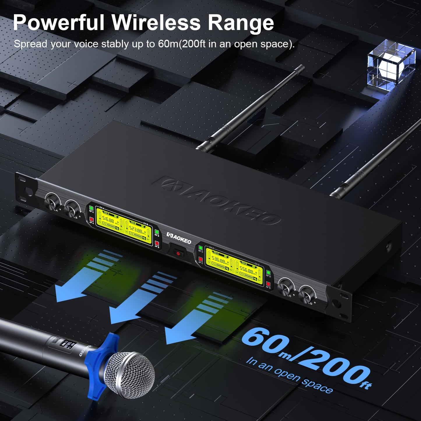 Aokeo Wireless Microphones System, 4 Channel UHF Wireless Mics,with 4 Handheld Dynamic Microphones,Metal Receiver for
