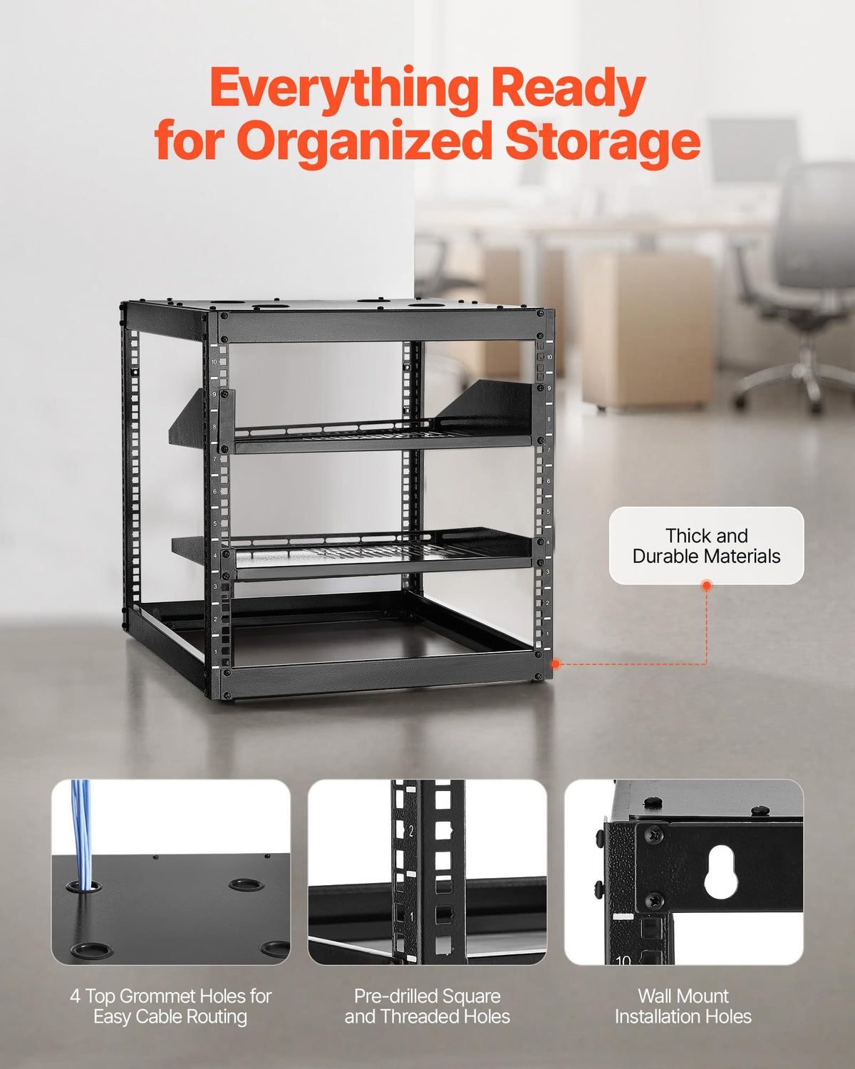 VEVOR 10U Open Frame Network Rack, 23 in Depth, Wall Mounted or Floor Standing Server Rack, Heavy Duty 4 Post, with Vented Shelves & Mounting