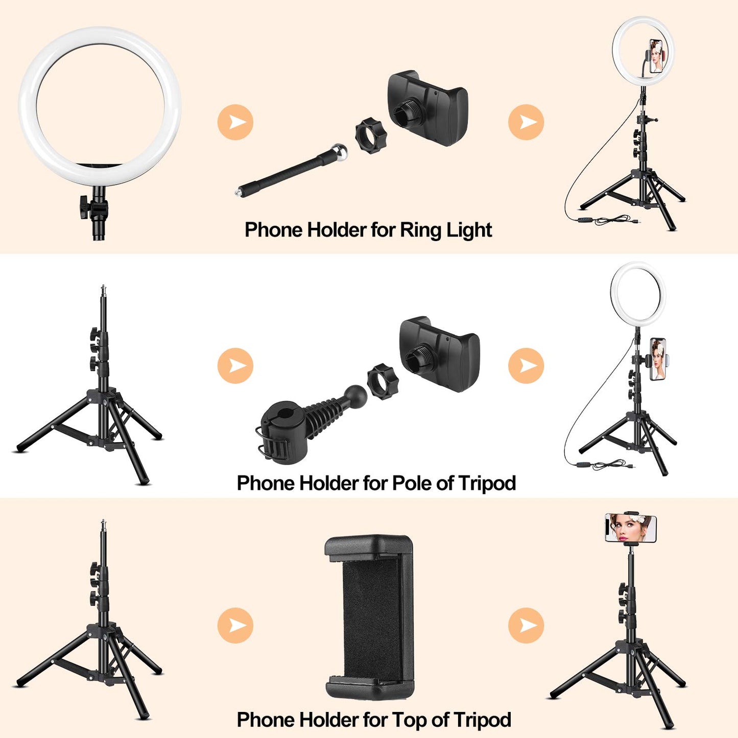 10 inch Ring Light with Tripod Stand - Rovtop LED Camera Selfie Light Ring with iPhone Tripod and Phone Holder for Video Photography Makeup Live