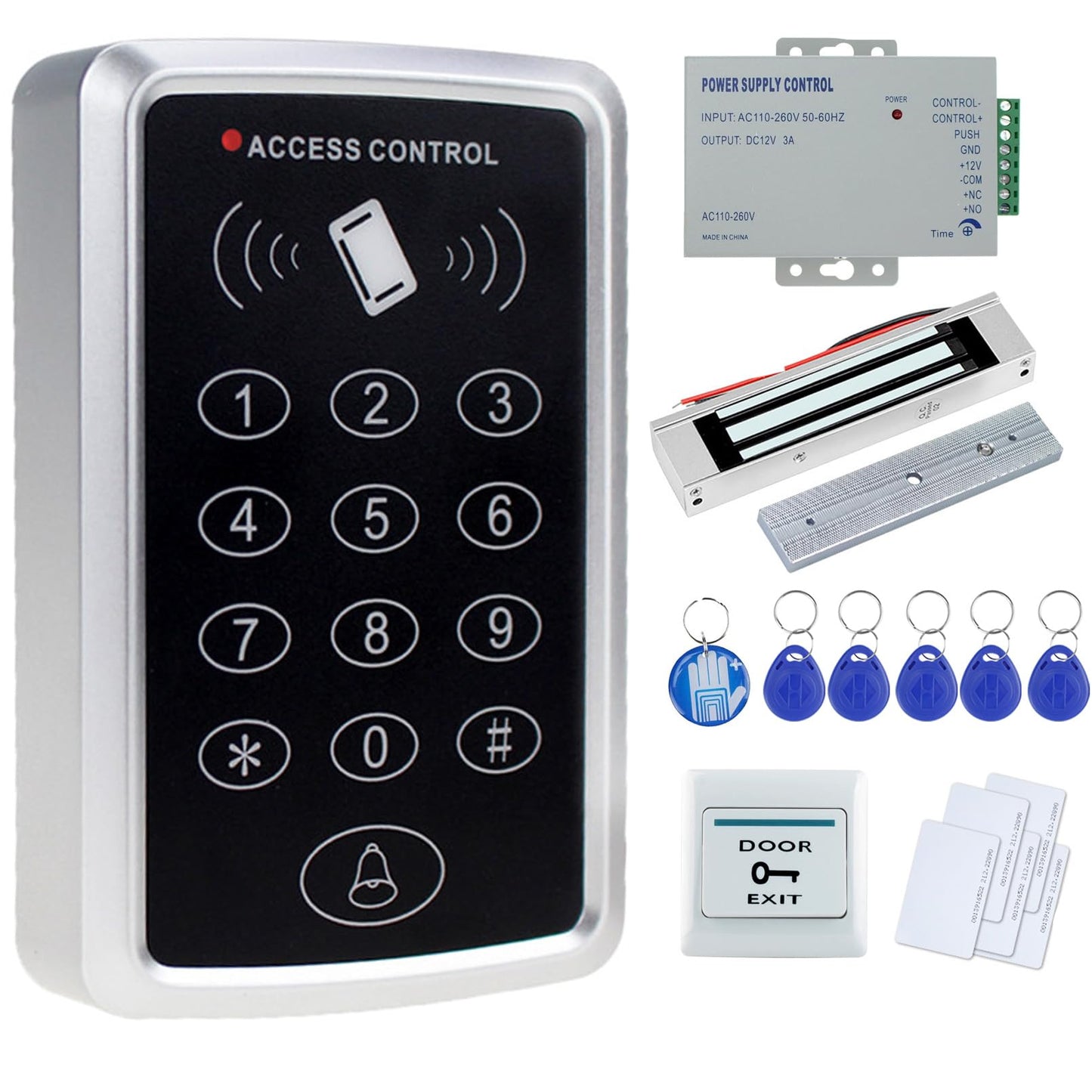 OBO HANDS Stand-Alone Door Access Control System Kit with 180kg/350lbs Electric Magnetic Lock, DC12V/3A Power Supply, Door Exit Button, 10pcs RFID EM