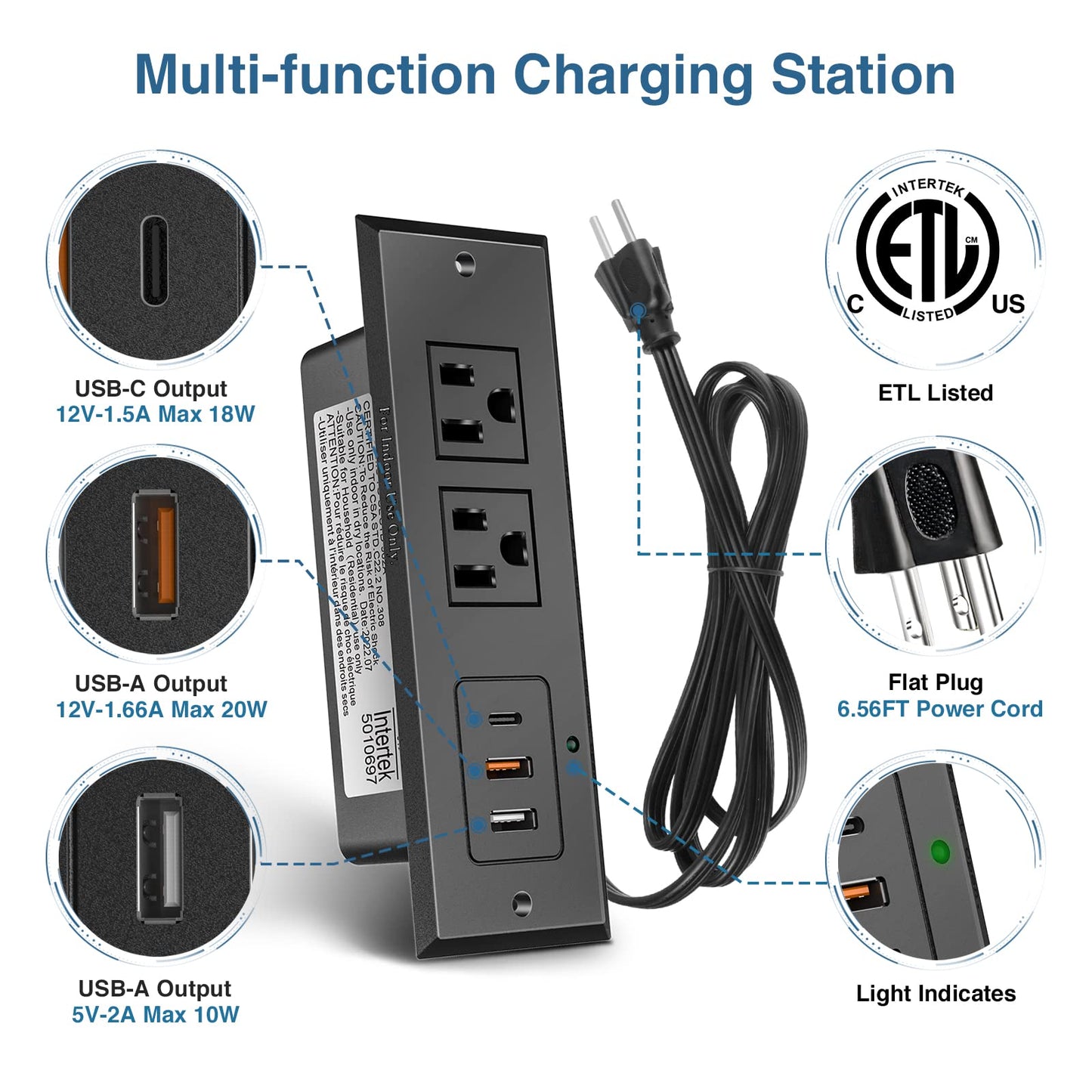 Type-C Conference Recessed Power Strip Socket,20W PD Fast Charging USB-C Power Strip,with 2 Outlets & 2 USB-A Ports &1 USB-C Port, 6.5ft Extension