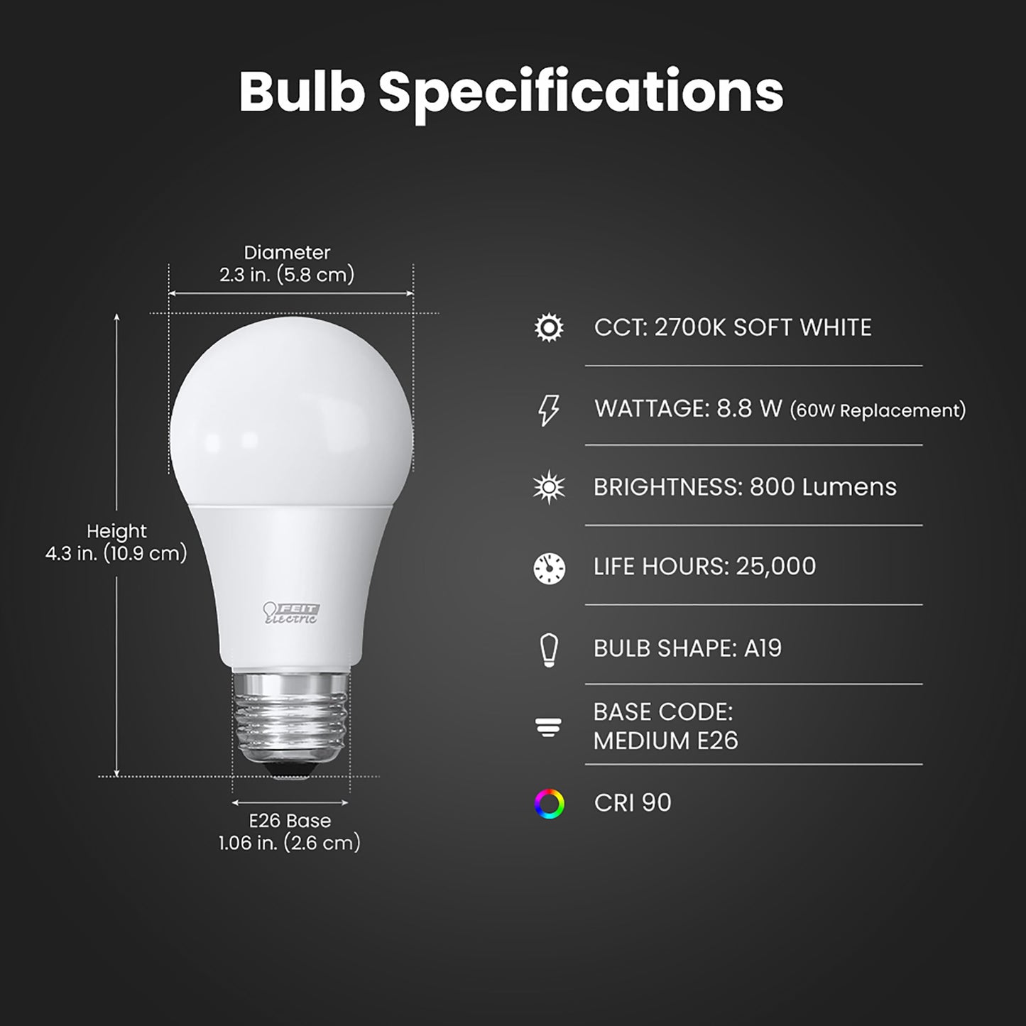 Feit Electric A19 LED Light Bulbs, 60W Eq, Dimmable, Soft White 4 Pack