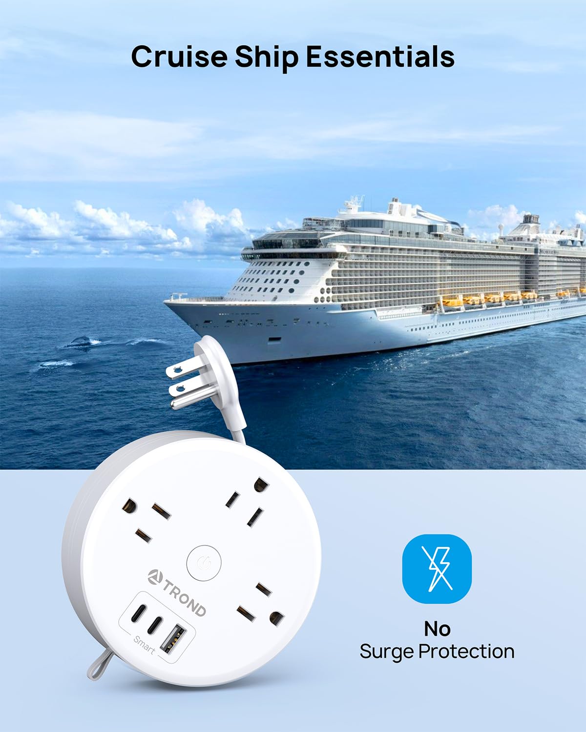 TROND Travel Power Strip - Retractable Extension Cord 5ft Ultra Thin Flat Plug, Retractable Power Strip with 3 AC Outlets 3 USB Ports (2 USB C)