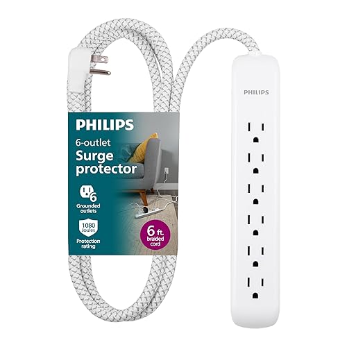Philips 6 Outlet Power Strip Surge Protector, 6 Ft Power Cord, Designer Braided Extension Cord, Flat Plug, Perfect for Office or Home Décor, 1080