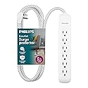Philips 6 Outlet Power Strip Surge Protector, 6 Ft Power Cord, Designer Braided Extension Cord, Flat Plug, Perfect for Office or Home Décor, 1080