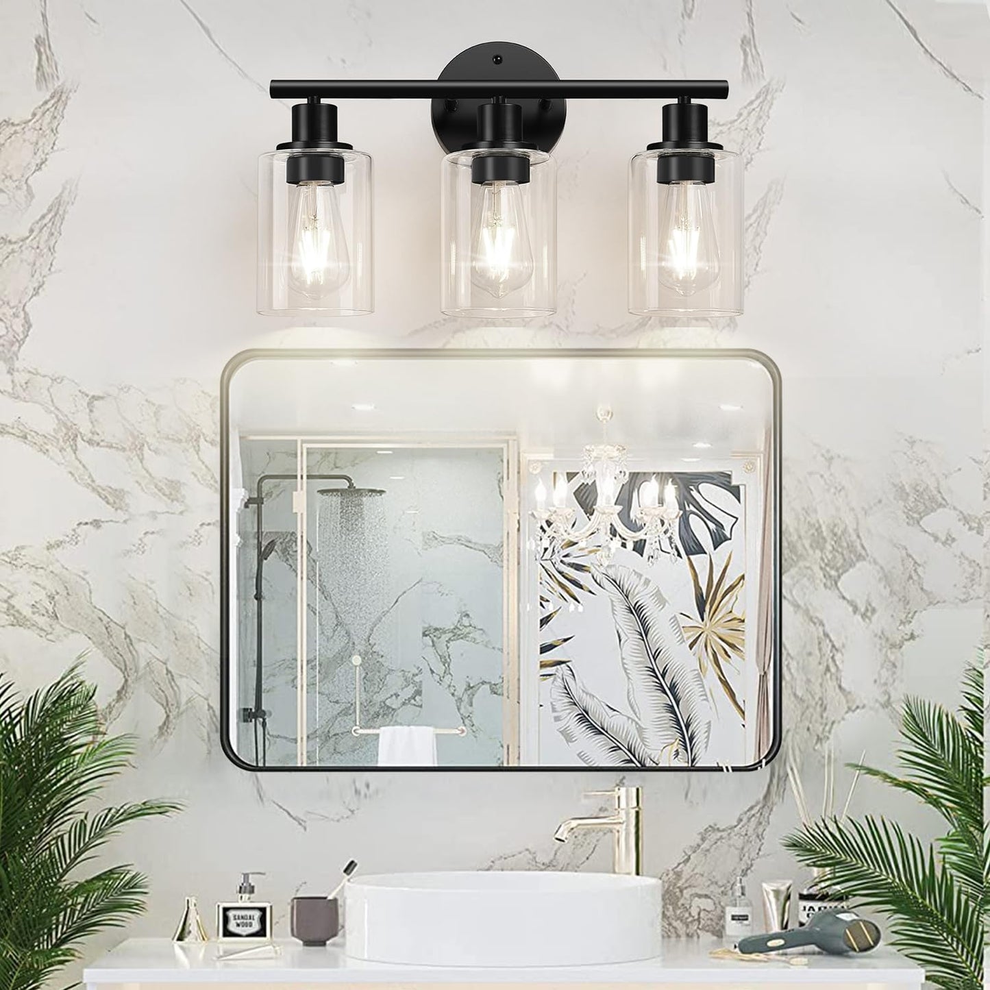 Zarbitta 3-Light Bathroom Light Fixtures, 17.23" Black Modern Vanity Lights with Clear Glass Shade, Bathroom Wall Lamp for Mirror Kitchen Living Room