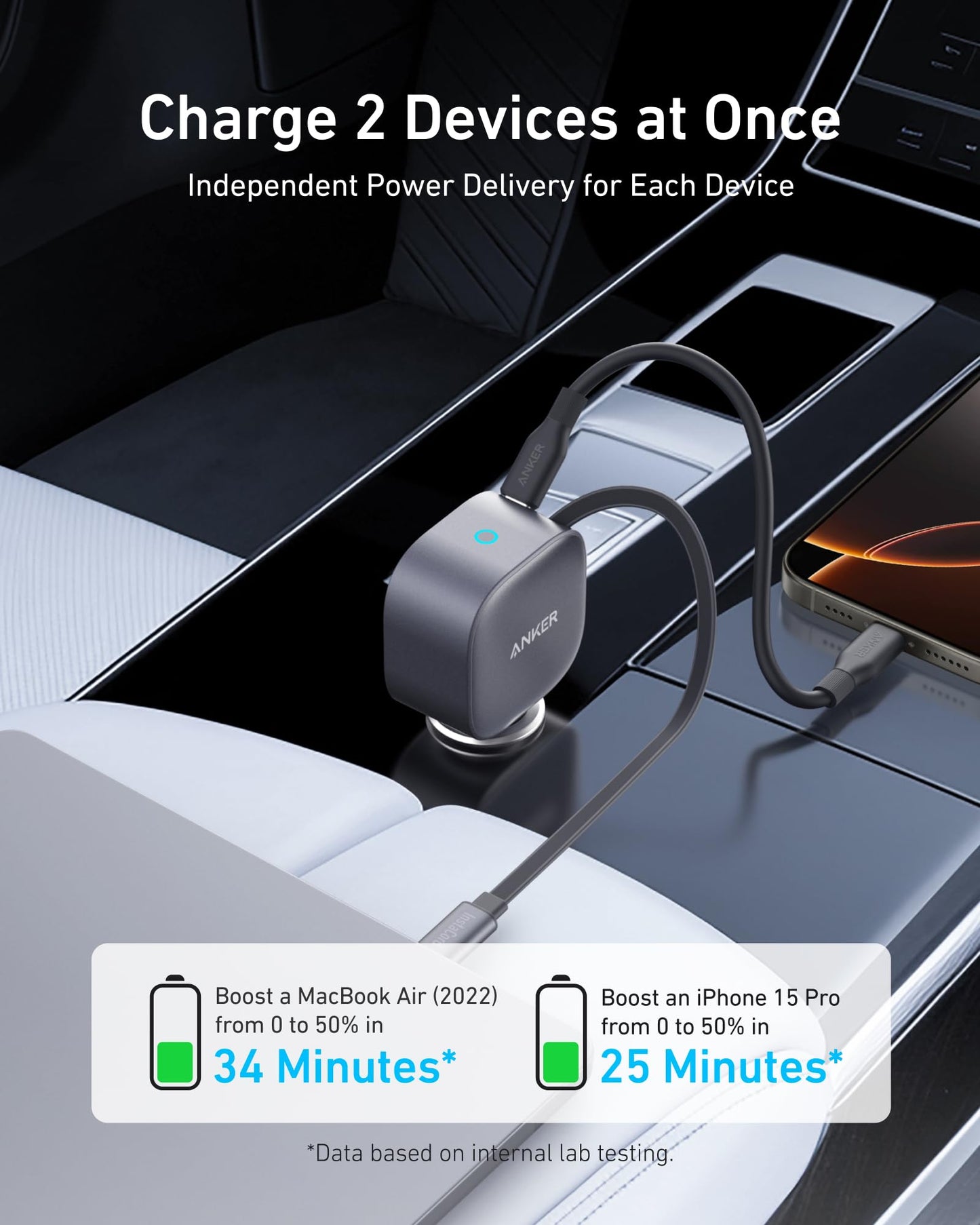 Anker Retractable USB-C Car Charger, 75W Max Fast Charging with Built-in Retractable Cable Car Adapter, Car Accessories for iPhone 17/16 Series