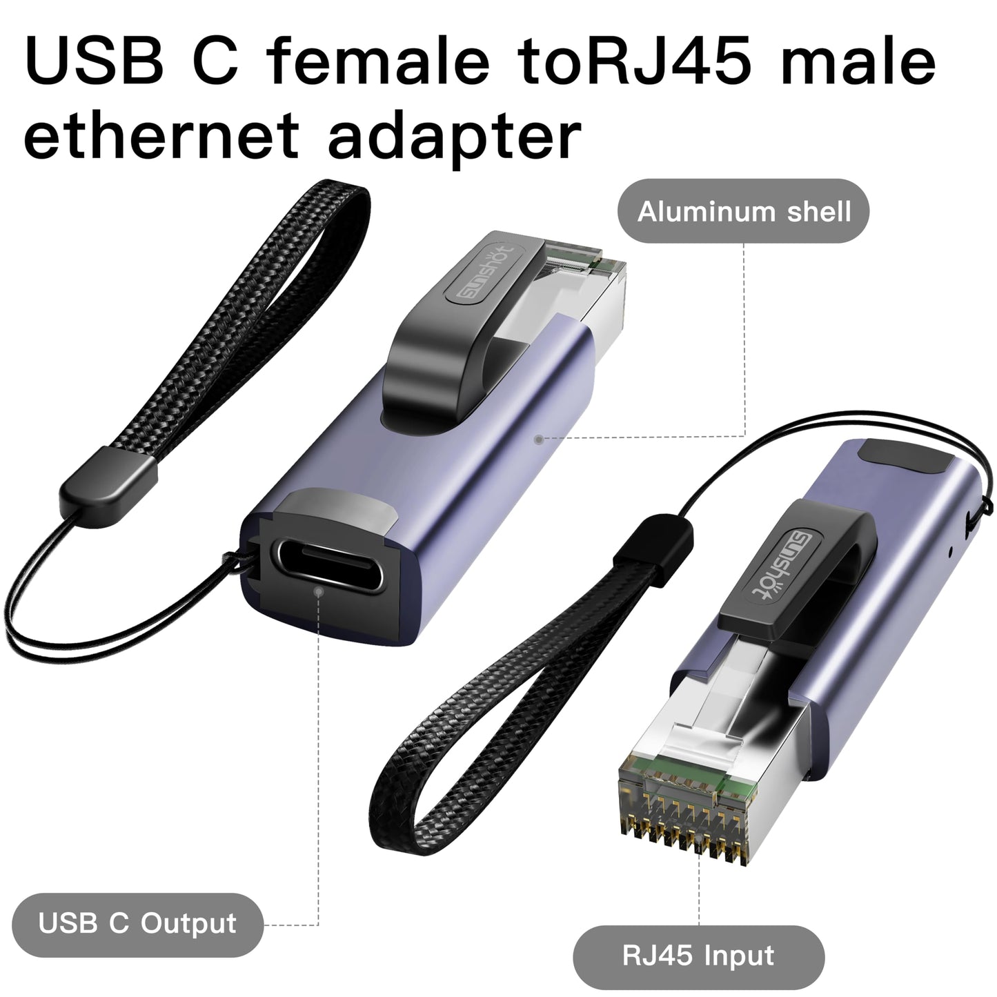 sunshot USB C to RJ45 Gigabit Ethernet Adapter, Portable 1Gbps Gigabit to Type-C Female to RJ45 Male Adapter, Compatible for MacBook Pro/Air, iPhone