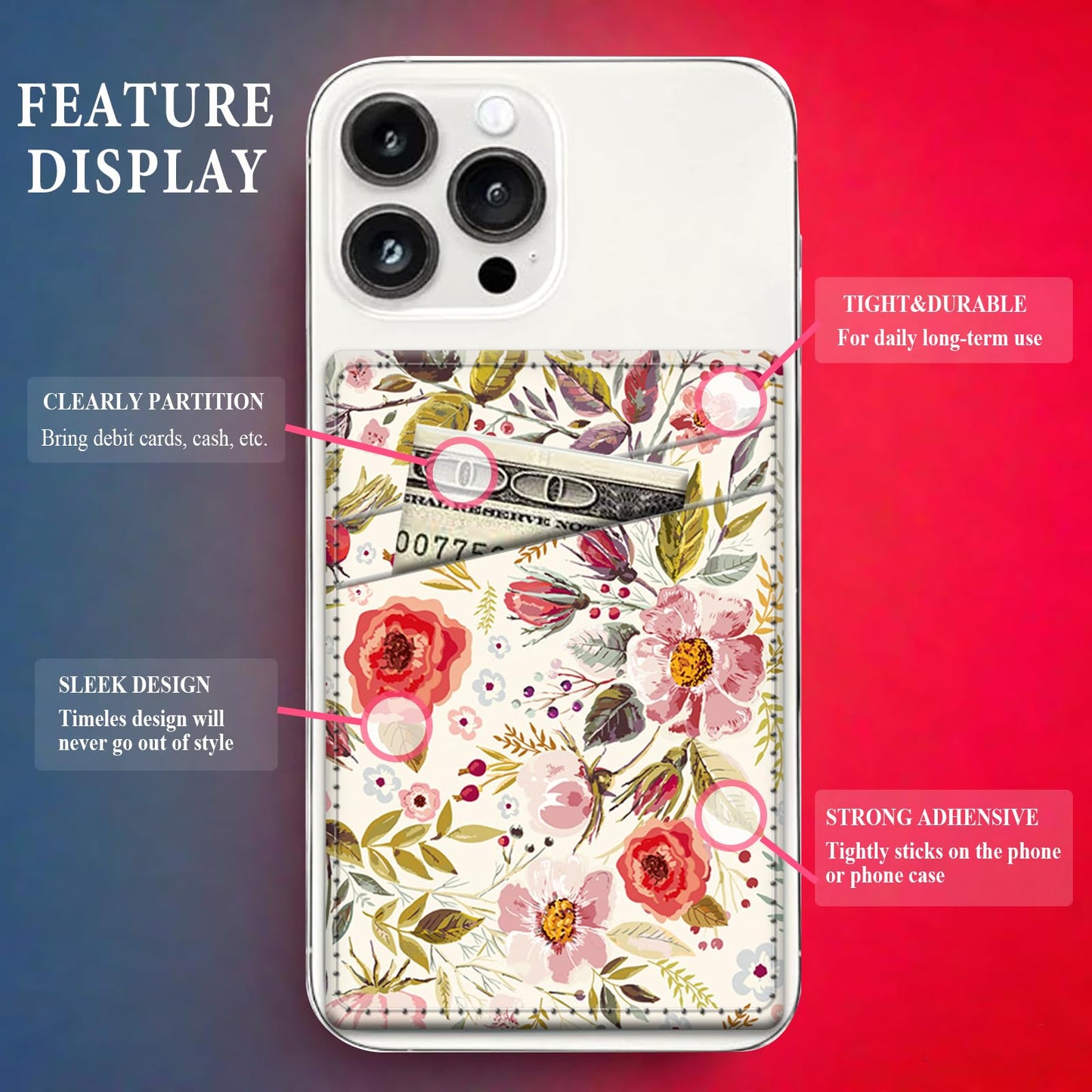 AFYEWKC Phone Card Holder Leather, Dual Pocket Phone Wallet Stick On, Adhesive Cute Credit Card Sleeves for Phone Case Compatible with Most Phones
