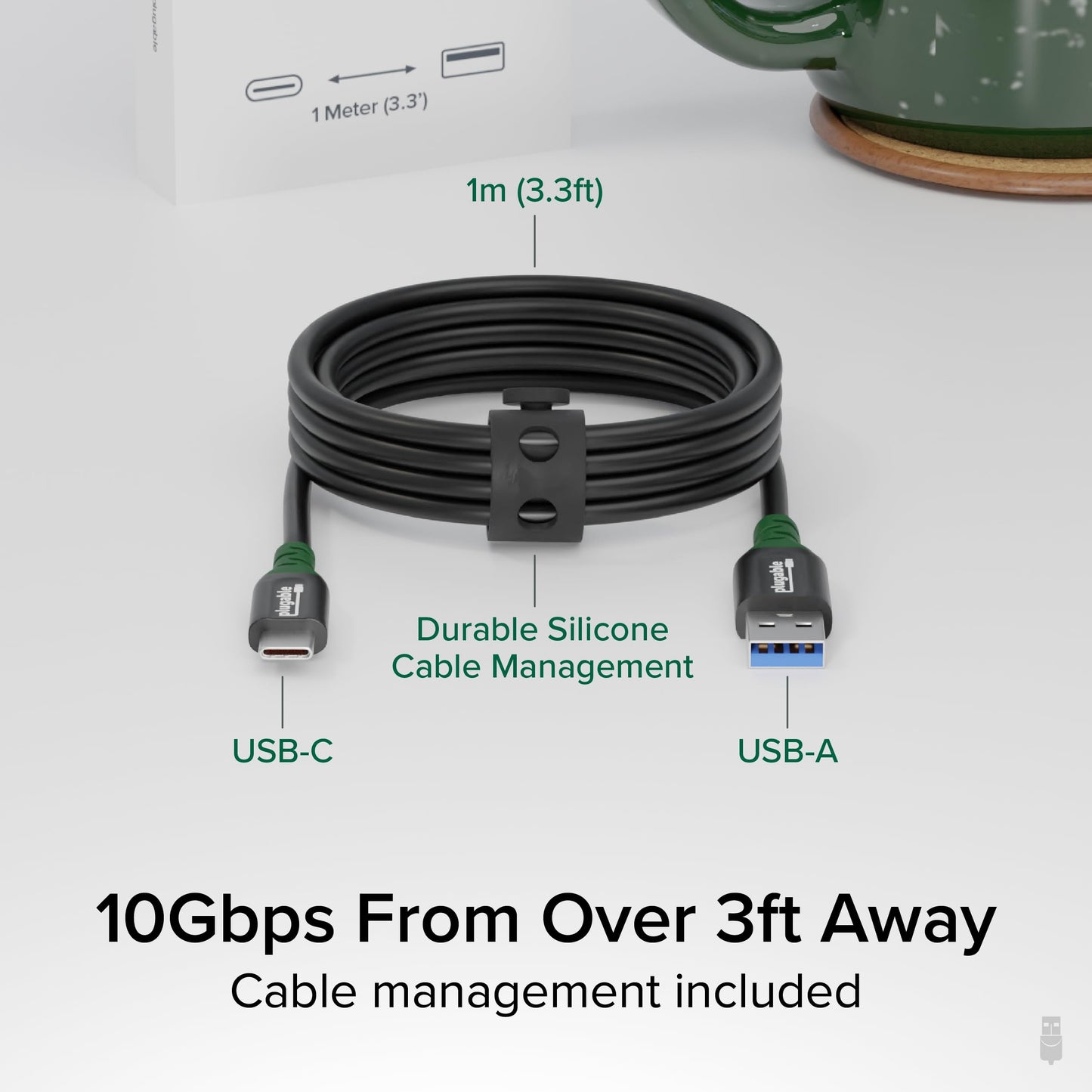 Plugable USB C to USB A Cable with Desk Management Strap, 3.3 Ft, Supports 10Gbps Data Transfer, 3A (15W) Charging, USB 3.2 Gen 2, Compatible