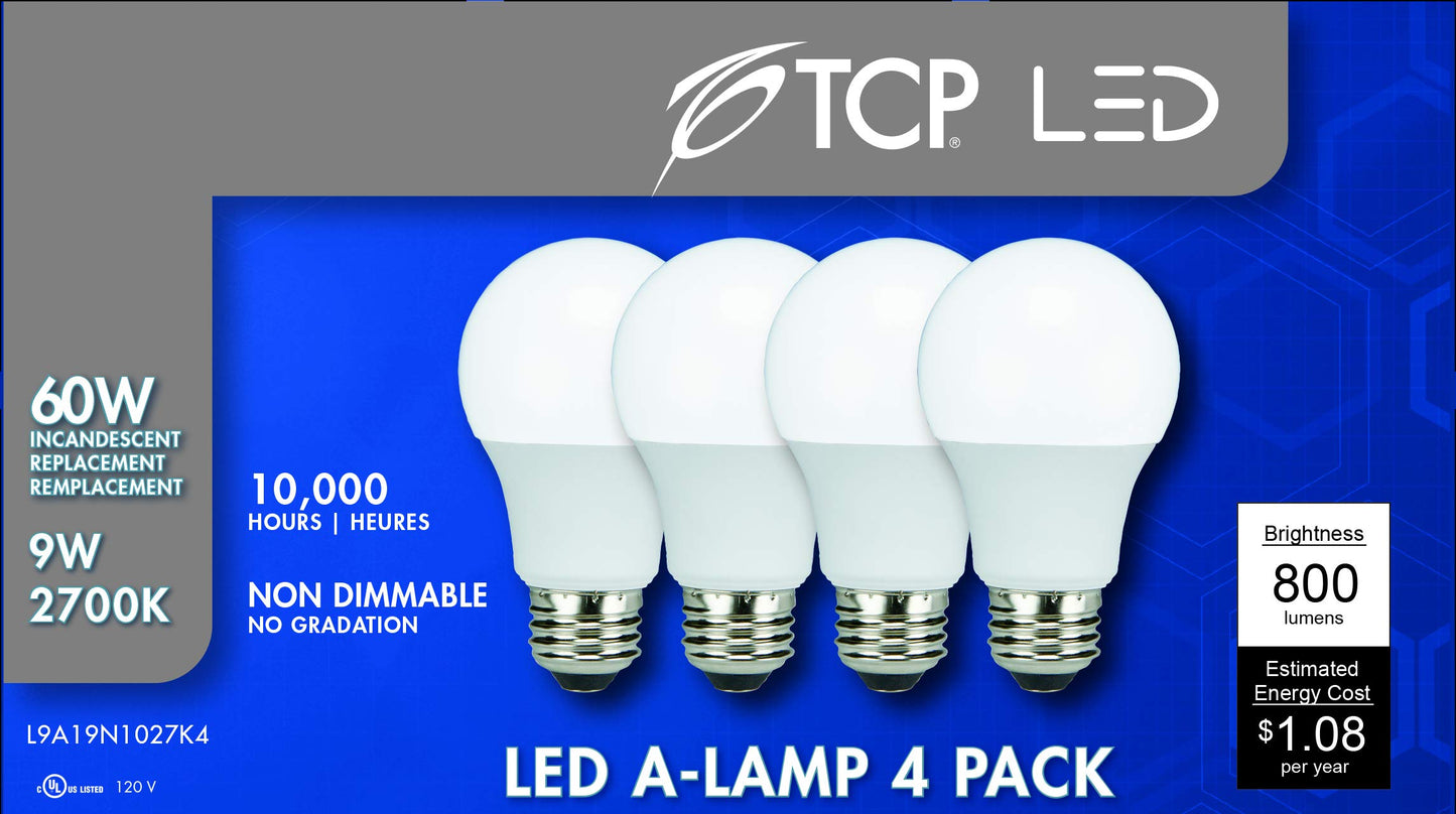 TCP LED 60 Watt Equivalent A19 | 4 Pack | Soft White (2700K) Shatter Resistent | 800 Lumens | 10,000 Hours | Non-Dimmable Light Bulbs