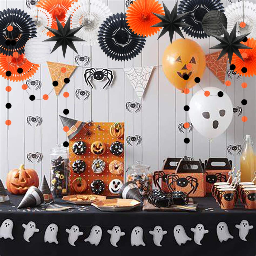 ADLKGG Orange White Black Halloween Decorations, Hanging Tissue Paper Fans Circle Garland Paper Lanterns for Graduation Wedding Anniversary Birthday