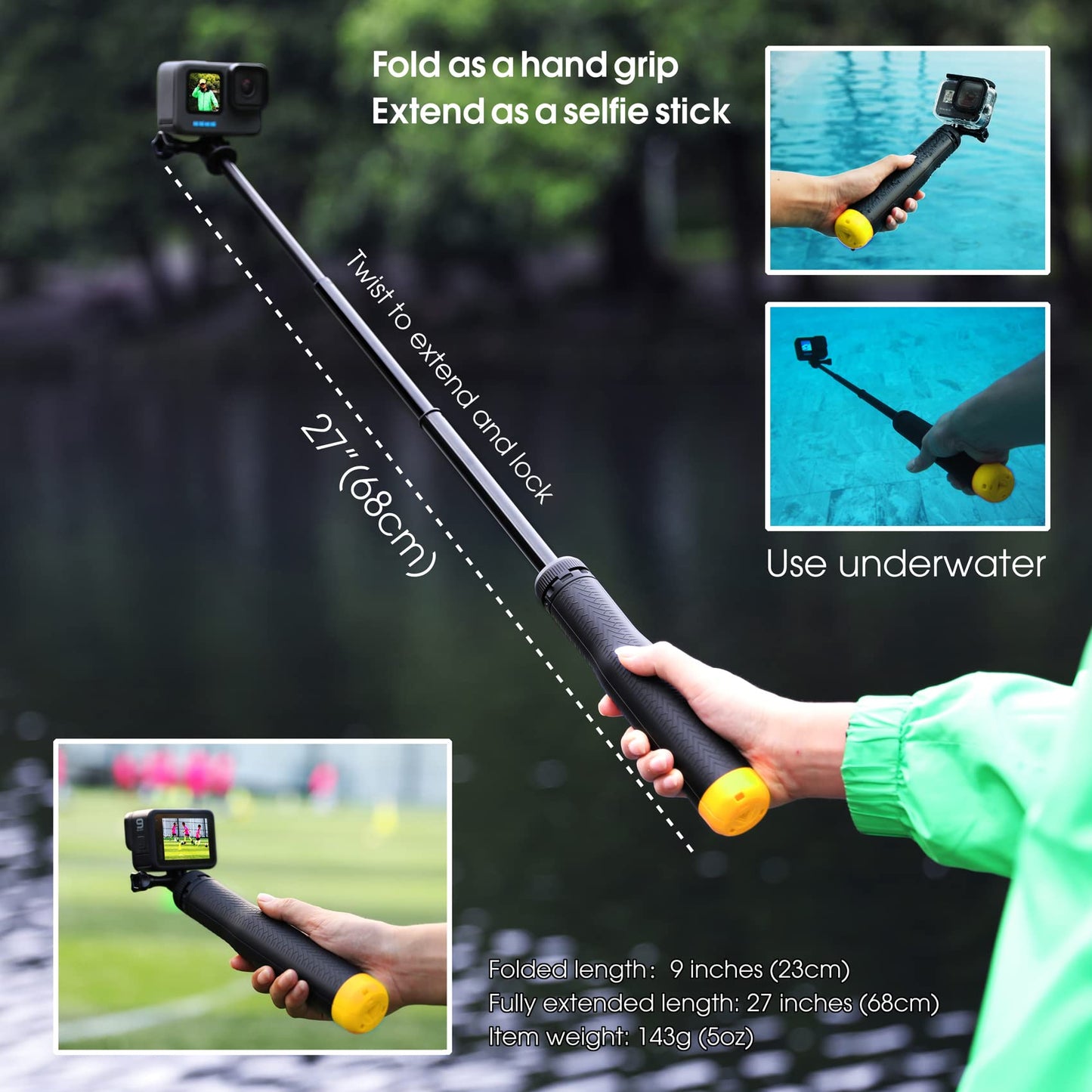 SOONSUN 4in1 Floating Selfie Stick Hand Grip Tripod for GoPro Hero 13 12 11 10 9 8 7 6 5 4 Session Max, AKASO, SJCAM Action Camera, Waterproof