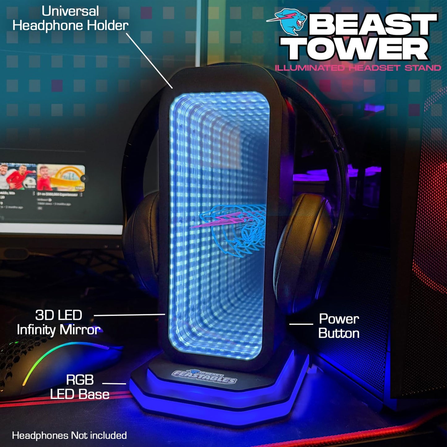 Feastables Beast Tower MrBeast Gaming Headphone Stand | RGB Light Display with Infinity Mirror Effect and Logo | Universal Headset Holder; USB…