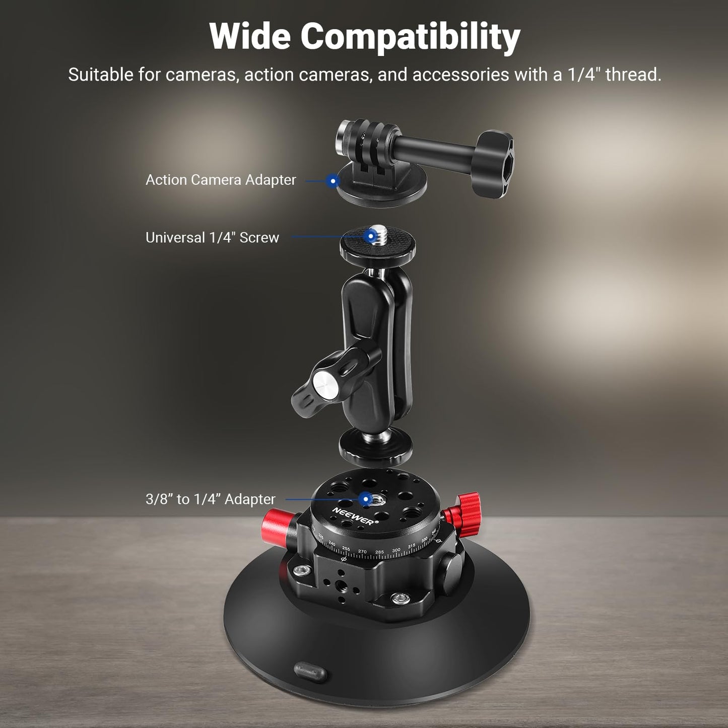 NEEWER 6"/15.2cm Camera Suction Cup Mount with Ball Head Magic Arm, Metal Suction Cup Mount on Car Windshield Dash for Camera/Action Camera/Phone