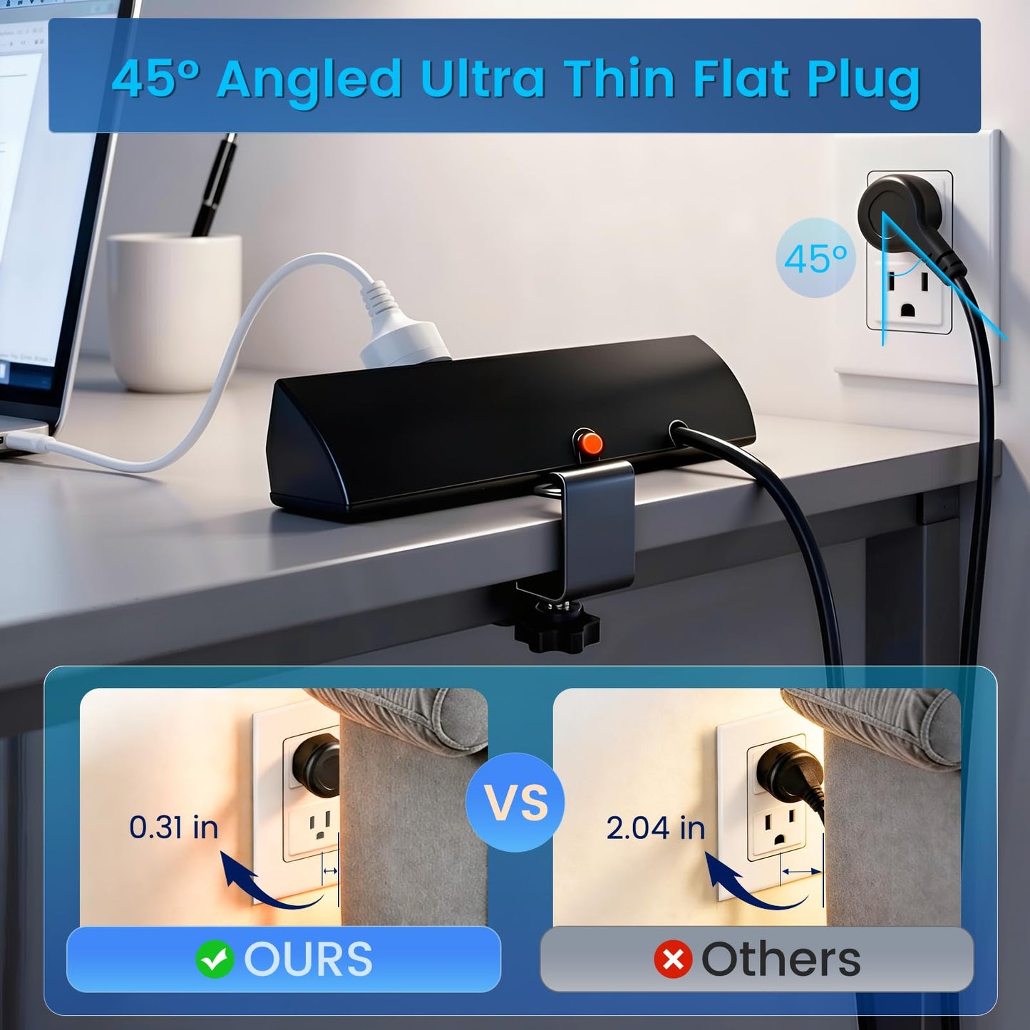 Desk Clamp Power Strip with 40W Total Fast Charging Station, 4 PD 20W USB C Ports, 4 AC Outlets, 1875W Surge Protectors, 6.5 FT Flat Plug Desk Edge