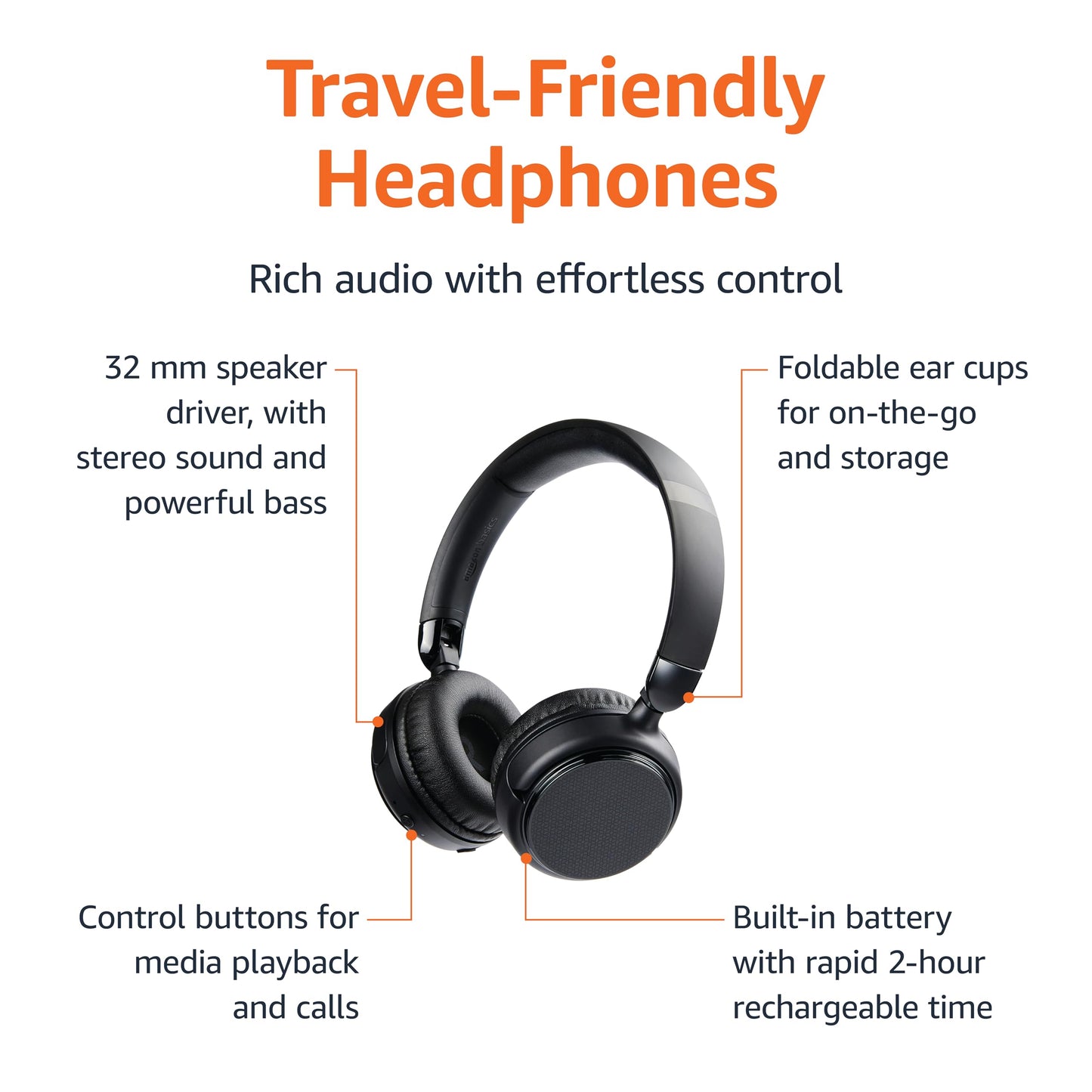 Amazon Basics Bluetooth On-Ear Headphones Wireless with Microphone, Deep Bass, 35 Hour Playtime, Foldable, Collapsible, Portable Travel Friendly