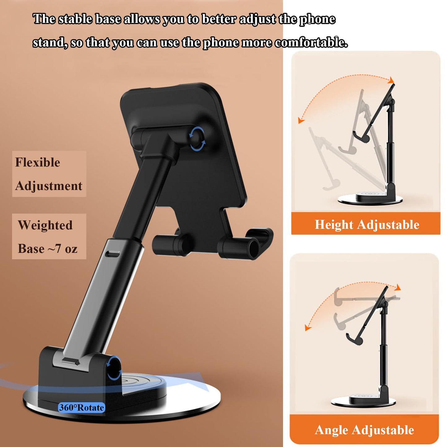 Meetuo Rotatable Cell Phone Stand for Desk, Height Angle Adjustable Phone Holder Portable Phone Stand Compatible for Most Smartphones iPhone