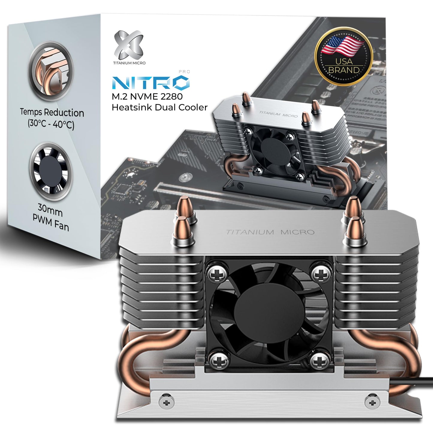 Titanium Micro SSD Heatsink Cooler M.2 NVMe Heatsink for Single Double Sided SSD 2280 with Copper Heatpipe, 30mm PWM Cooling Fan, Reduce up to 40°C