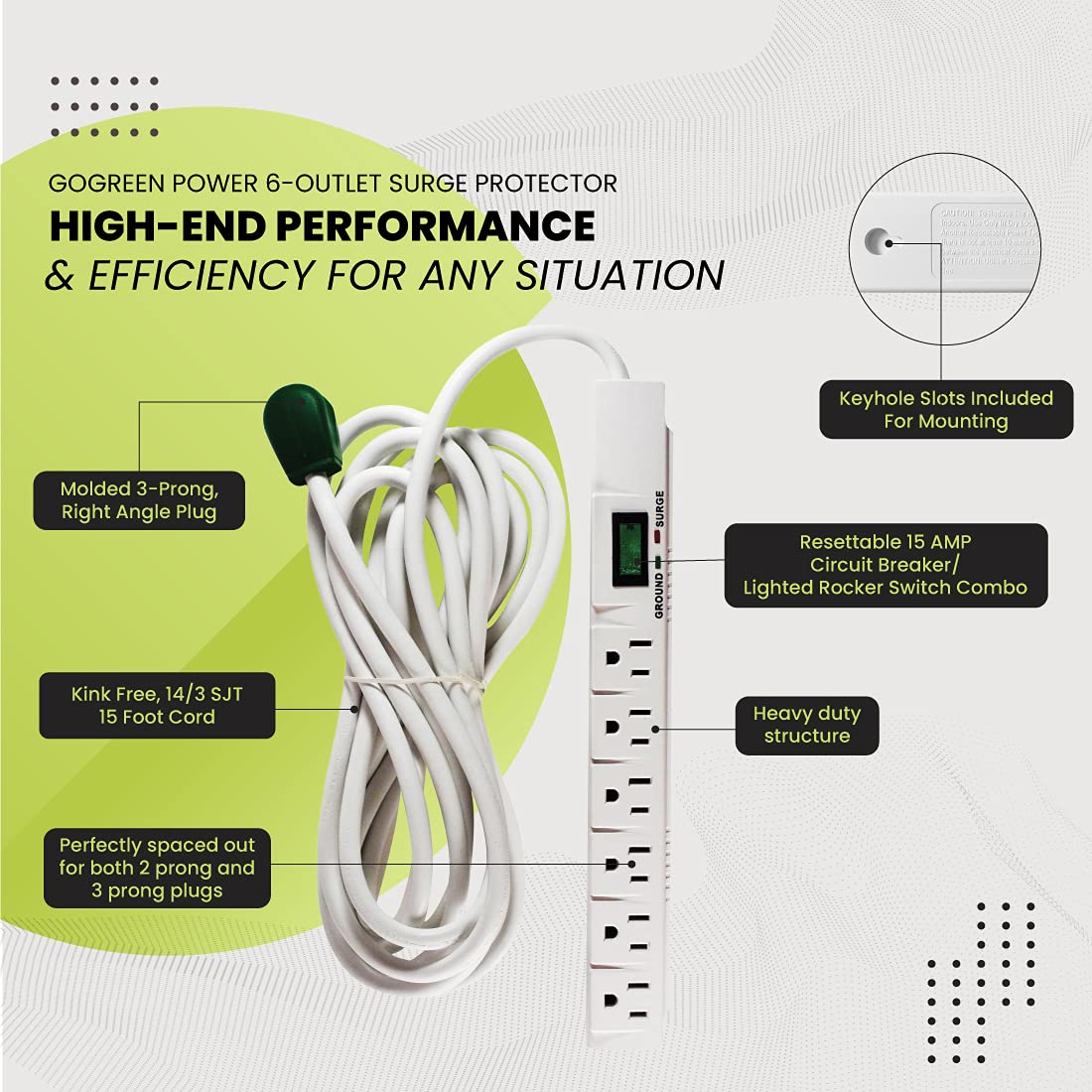 Go Green Power Inc. (GG-16315-15) 6 Outlet Surge Protector, 1200 Joules, White, 15 Ft Cord