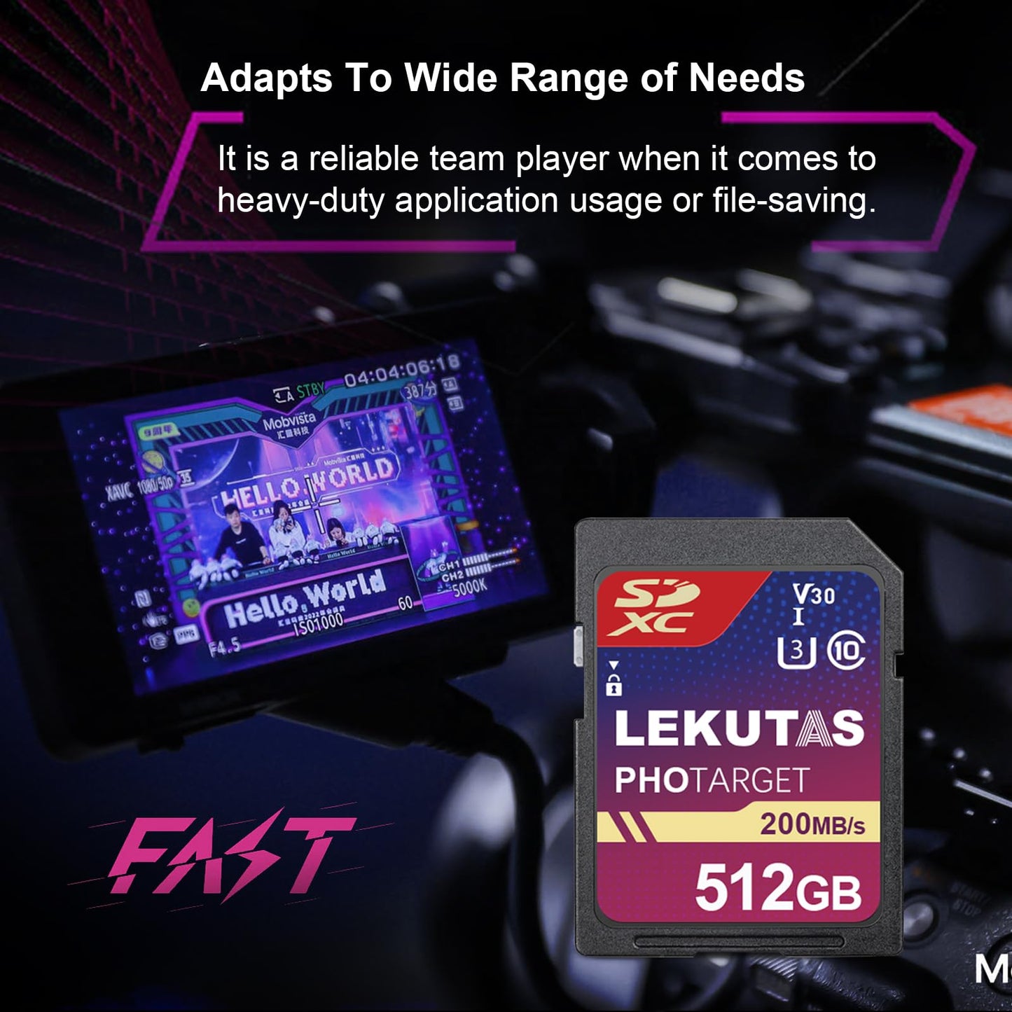 LEKUTAS 512GB SDXC UHS-I Memory Card - Up to 200MB/s Read Speed, C10, U3, V30, 4K UHD, Full-HD 4K Video SD Card for Canon Nikon Sony Panasonic DSLR