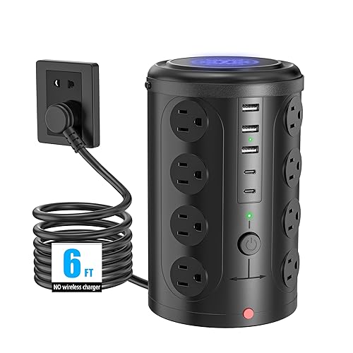 Tower Power Strip Surge Protector with 16 Outlets and 5 USB Ports (2 USB-C), 6FT Extension Cord with Multiple Outlets,Heavy Duty Charging Station,Home