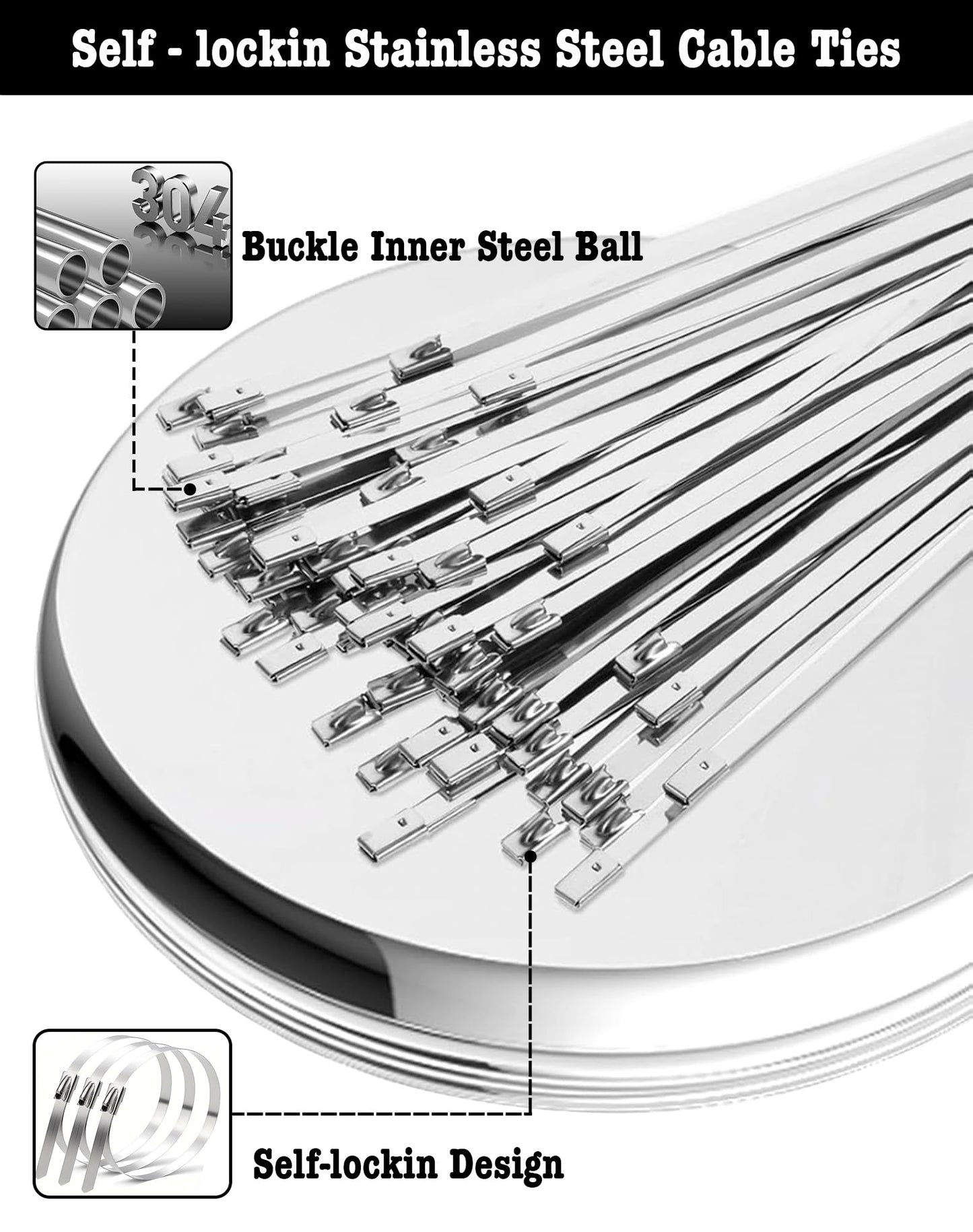 100Pcs Metal Zip Ties 11.8 inch 304 Stainless Steel Zip Ties, Heavy Duty Multi-Purpose Self-locking Metal Cable Ties for Machinery, Vehicles, Exhaust