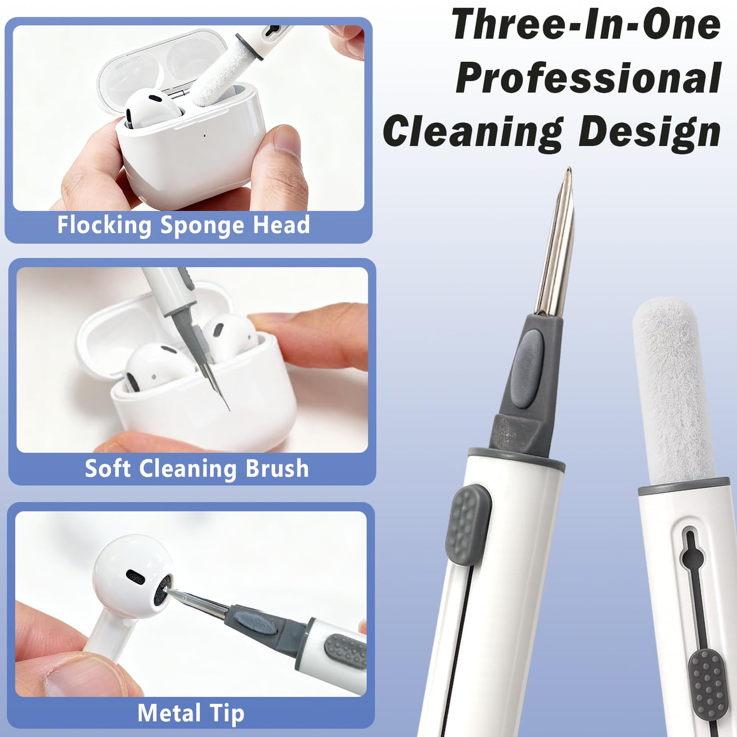 Brvlsoc 4-Piece Earbud Cleaning Kit for AirPods Pro 1/2/3 - Multi-Function Cleaning Pen with Flocking Sponge, Brush & Metal Tip for Bluetooth Headsets