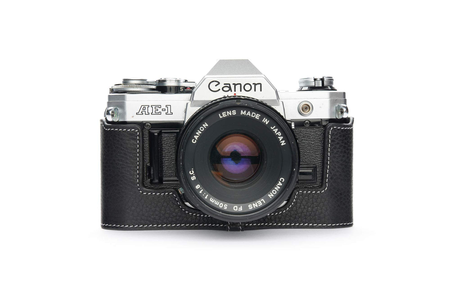 A-1 Case, BolinUS Handmade Genuine Real Leather Half Camera Case Bag Cover for Canon AE-1 A-1 (NO Handle) Camera with Hand Strap (Black)