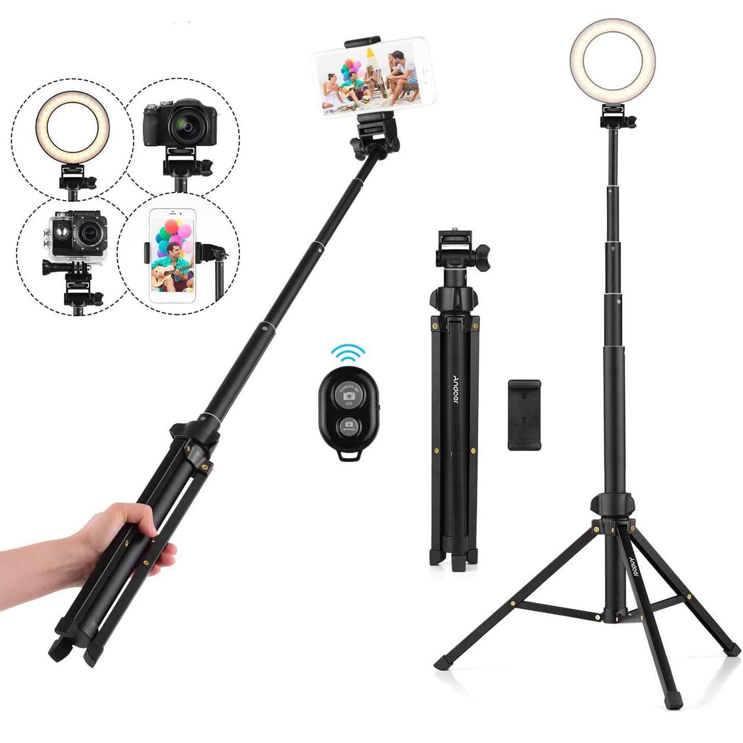 Andoer Selfie Stick Tripod 1.5m/59in Tripod Stand + Extendable Selfie Stick Aluminum Alloy with Phone Holder Remote Shutter Compatible with iPhone
