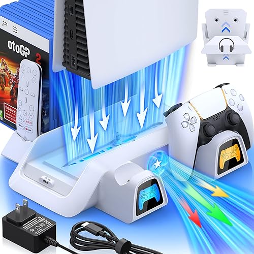 PS5 Stand with Cooling Station&Dual Controller Charger for Playstation 5 PS5 Console, CYKOARMOR PS5 Accessories with 5V/3A Adapter, PS5 Base