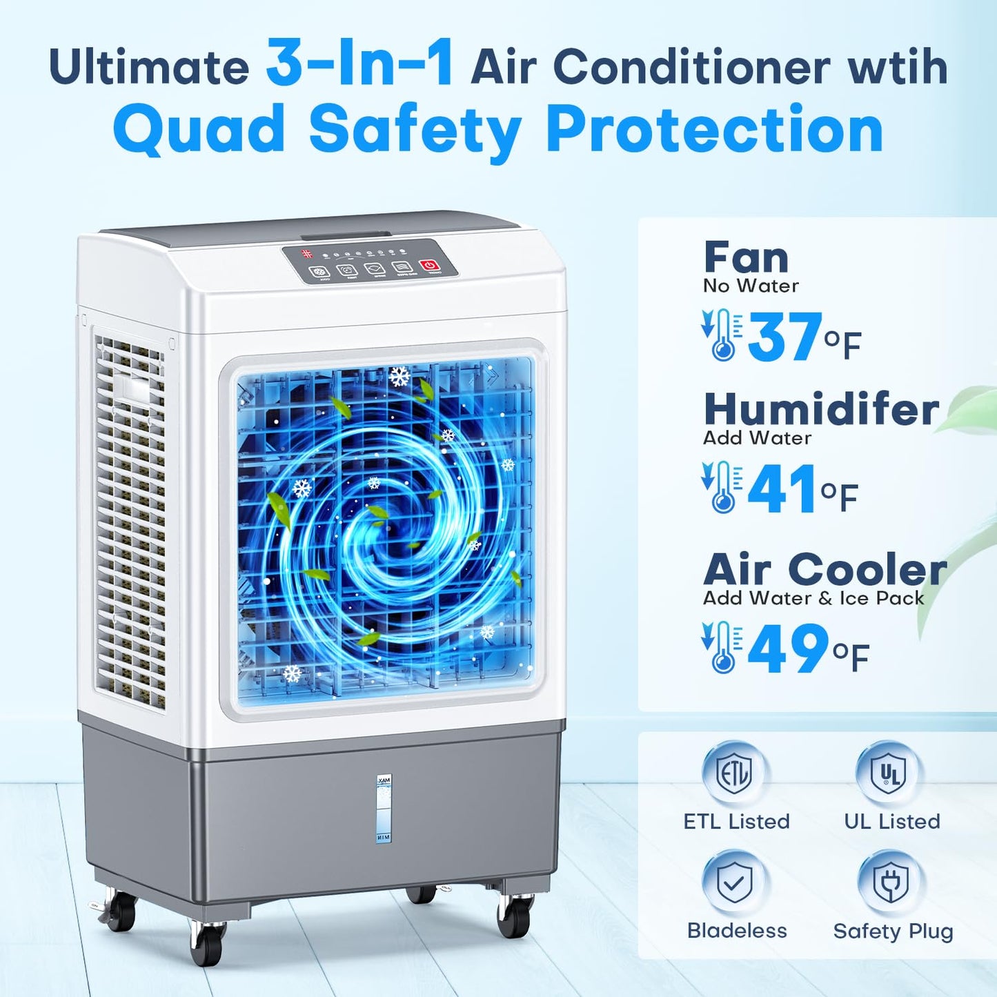 fancole 3-IN-1 Air Conditioner Portable w/4 Mode & 3 Speed, 12H Timer, 70° Oscillating Evaporative Air Cooler, Remote Control, 4 Ice Packs, 1.1 Gal