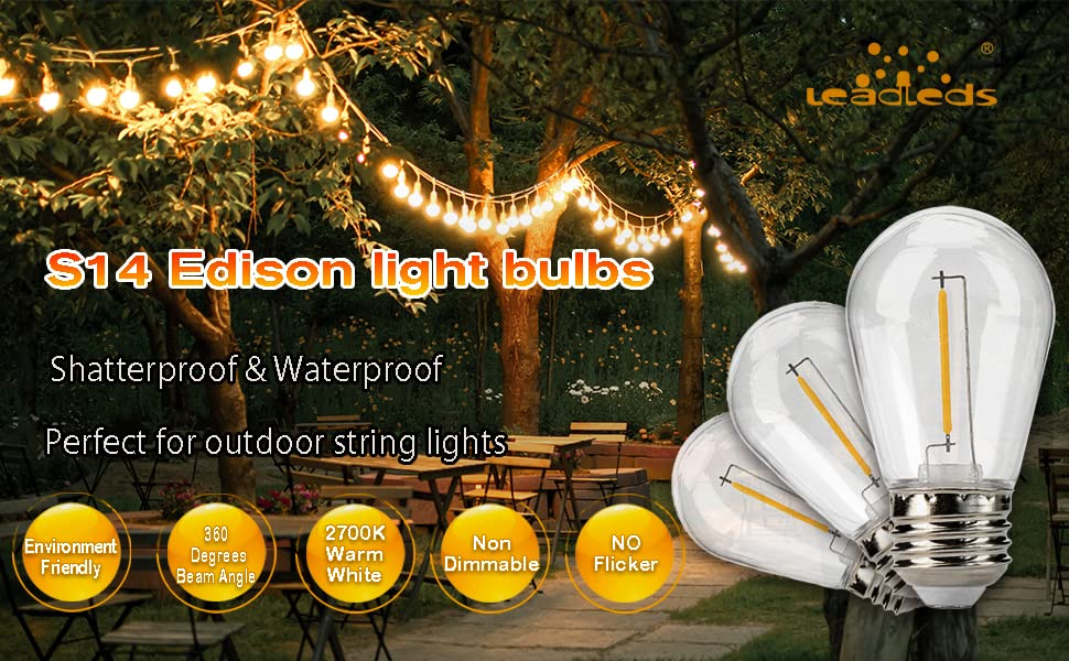Leadleds 15 Pack S14 LED String Light Bulbs 11W Equivalent, 2700K E26 Base