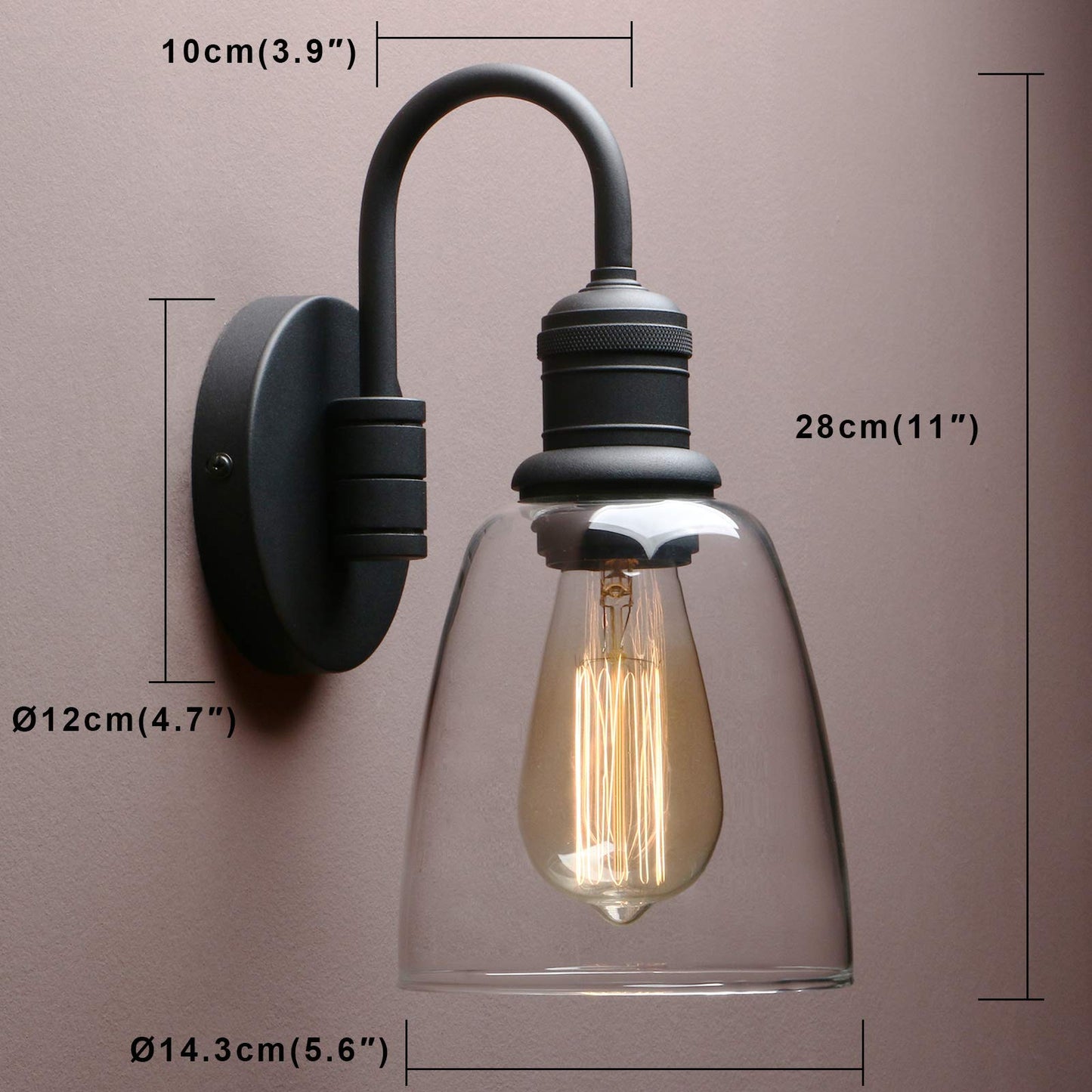 Yosoan 1-Light Vintage Wall Sconce, Black Industrial Fixture Light with Elegant Gooseneck Curved Rod, Indoor Clear Glass Shade Wall Lamp Lighting