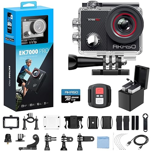 AKASO EK7000 Pro 4K30fps Action Camera with 256GB MicroSDXC U3 Card Accessories Kit Bundle, 20MP Ultra HD 131ft Waterproof Underwater Camera EIS WiFi