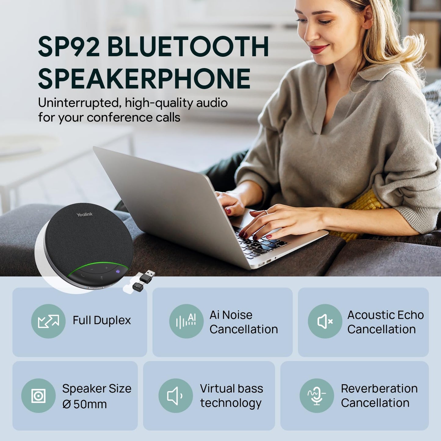 Yealink Sp92 Conference Speaker and Microphone with Bluetooth Dongle, Teams Certified, Noise Reduction, 20H Call Time USB Speakerphone for 4-6 People