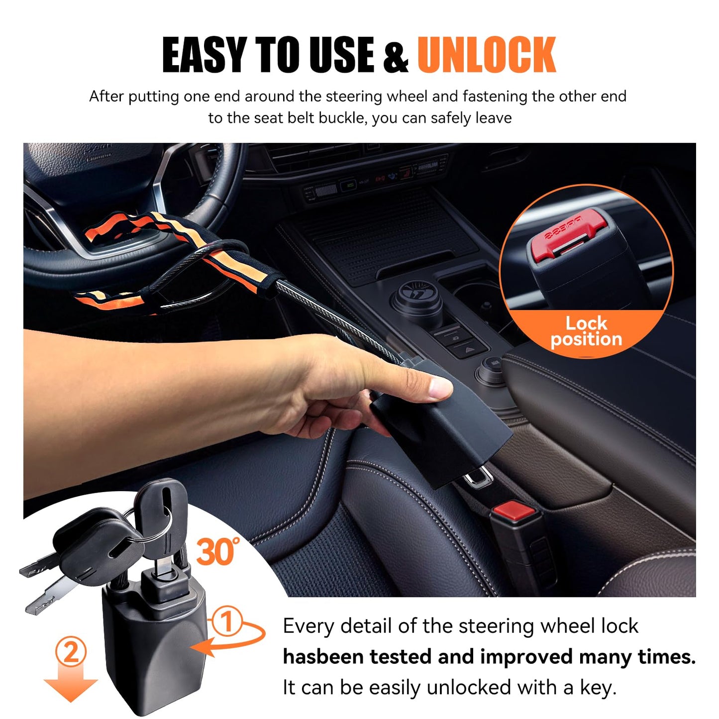 NINGFIST Steering Wheel Lock Anti-Theft Device, Heavy Duty Car Security Vehicle Lock with Keys, Universal Fit Adjustable Bright Orange Black for Cars