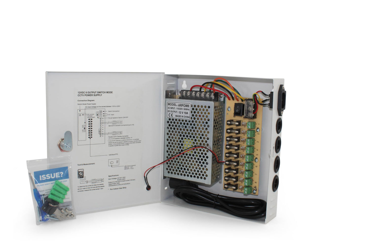 Ares Vision 9 Channel/Port 10 AMPS, 12V DC Power Supply Box, Individually Fused for CCTV, LED, and All 12v DC Devices. Includes Screw Drivers & Extra