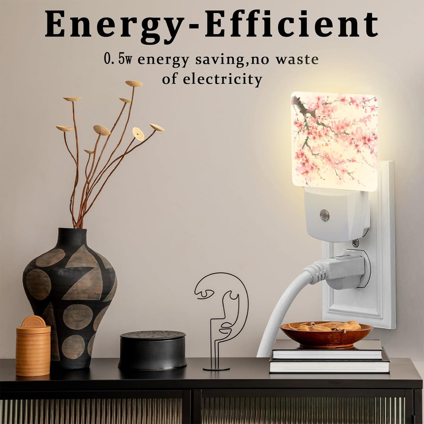 sndheke Watercolor Cherry Blossoms Tree Night Light for Kids,Abstract Pink Floral Night Light Plug in with Dusk to Dawn Sensor,0.5w Energy Saving